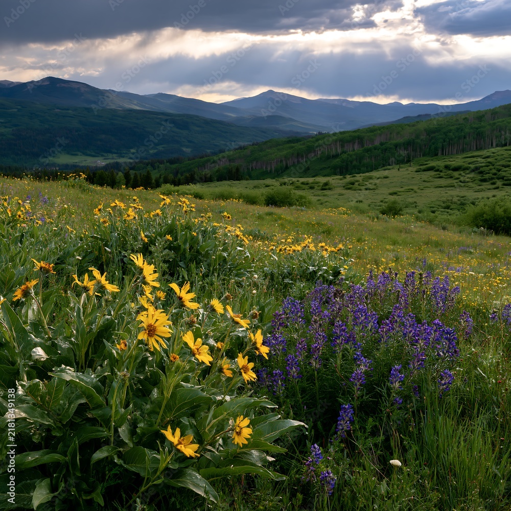 Obraz premium Rainwashed meadow with wildflowers and mountains in the background