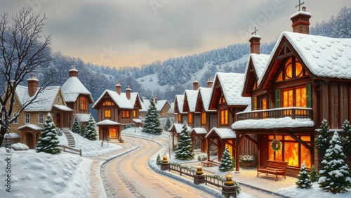 Charming snowy alpine village with cozy wooden chalets in winter