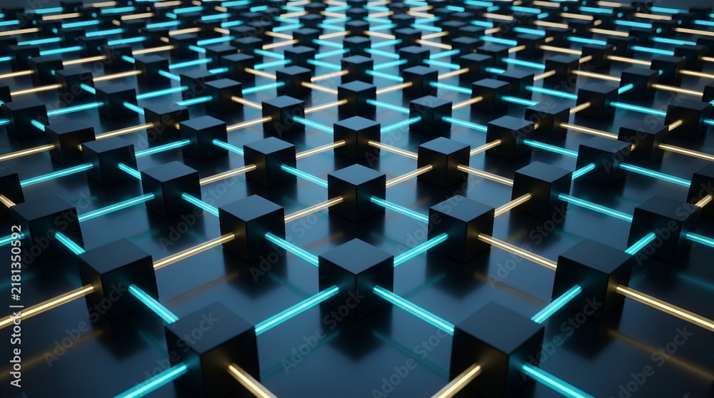 Fototapeta premium 3D Perspective Grid Of Dark Cubic Nodes Connected By Glowing Fiber Optic Lines