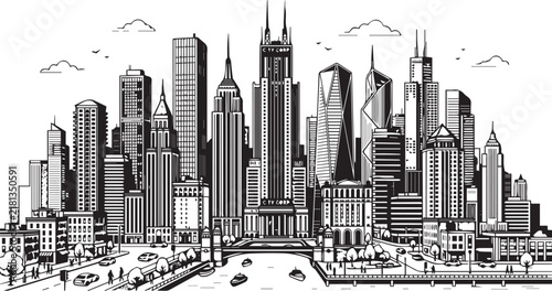 Sketch style city skyline with tall buildings and central square Vector