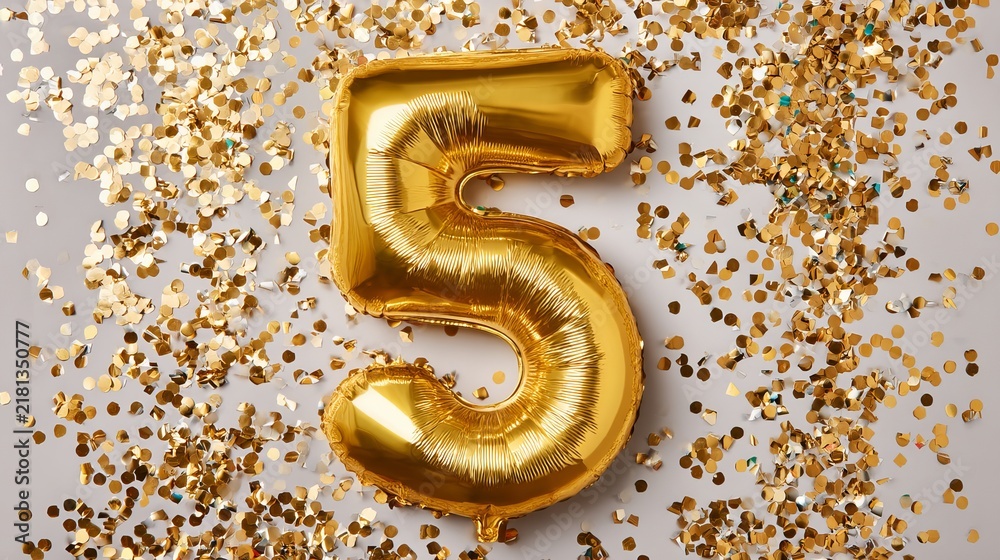 Obraz premium A gold balloon in the shape of the number five surrounded by confetti on a white background