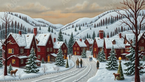 Winter landscape with red houses and snowy mountains
