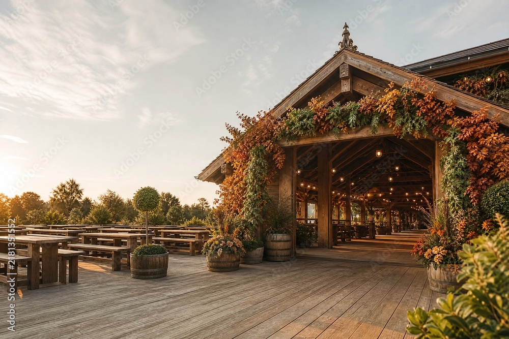 Fototapeta premium Rustic outdoor beer garden terrace decorated for autumn Oktoberfest.