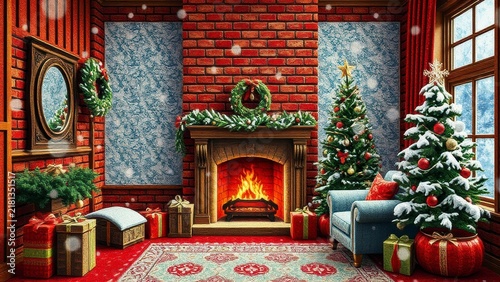 Cozy Christmas living room with fireplace and tree