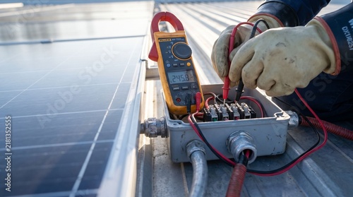 Obraz na płótnie Electrician testing solar panel voltage with digital multimeter