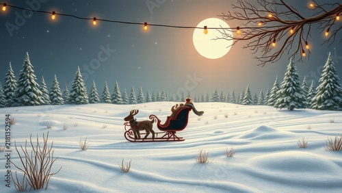 Santa sleigh in snowy winter landscape at night with full moon