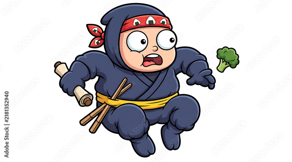 Obraz premium Funny little ninja character jumping in the air and throwing a piece of green broccoli vegetable