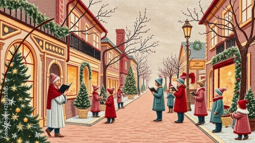 Christmas carolers singing in a festive decorated snowy street