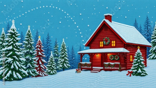 Snowy Christmas cabin in winter forest illustration