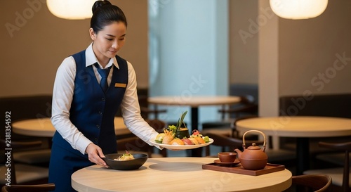 Skilled waitress presenting a beautifully arranged plate of sushi and other delicacies at a sophisticated restaurant