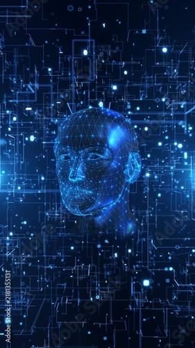 blue digital human head mesh glowing nodes appears circuit lines binary digits. artificial intelligence explainers, machine learning presentations and technology stories exploring neural computation.