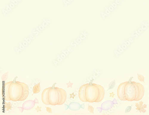 かぼちゃとキャンディのかわいい子ども向けハロウィン背景 手描きイラスト