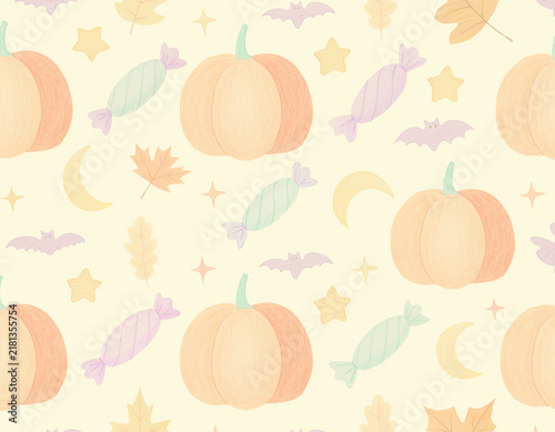 かぼちゃとキャンディのかわいいハロウィン総柄パターン クレヨン風イラスト