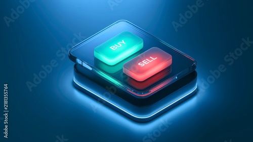 Glowing digital buy and sell buttons on a glass interface representing online financial trading and modern technology