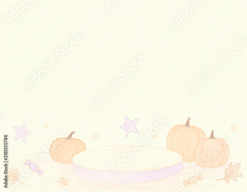 かぼちゃとキャンディのかわいいハロウィン商品ディスプレイ背景 手描きイラスト