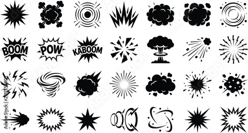 Comic explosion burst boom pow kaboom cloud cartoon impact shape black vector illustration icon collection design style graphic set