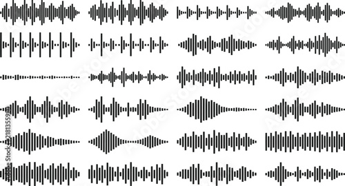 Sound wave audio equalizer music frequency signal pulse voice icon set vector illustration black flat modern collection design