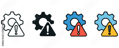 Failure icon set with gear and exclamation mark symbols representing malfunction, system errors, warning alerts, technical issues, and industrial breakdowns
