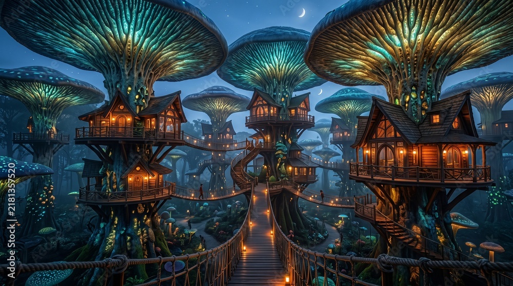 Obraz premium Magical Mushroom Treehouse Village in an Enchanted Forest at Night