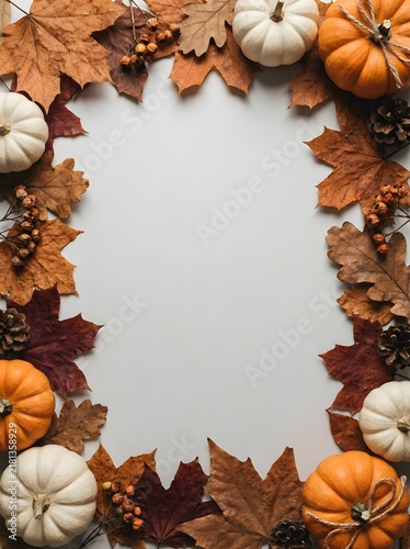 Autumn harvest border with orange and white pumpkins and colorful fall leaves on white background