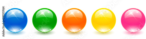 Colorful glass balls set, shiny spheres collection, 3D vector illustration.