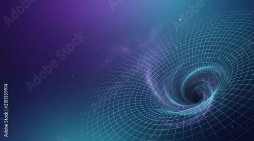 Cosmic vortex of glowing blue and purple stardust particles swirling into dark space