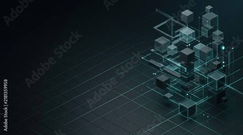 Isometric perspective of futuristic dark cybernetic city grid with illuminated green data cubes