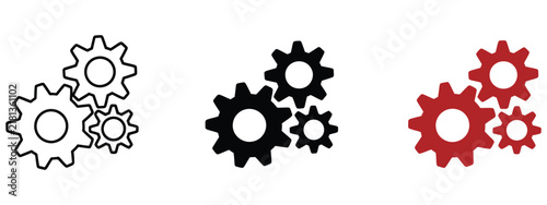 Gears mechanism icon featuring three interlocking cogwheels for system configuration, optimization, technology, engineering, and modern vector design