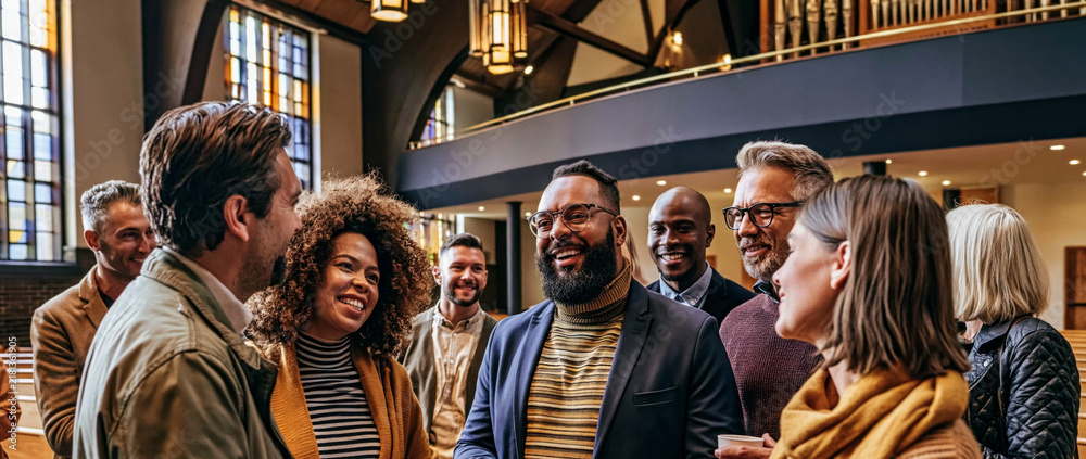 Obraz premium diverse community group conversing inside a modern church sanctuary. 
