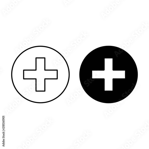 Plus sign icon set. Black and white circle with cross symbol. Medical health aid sign.