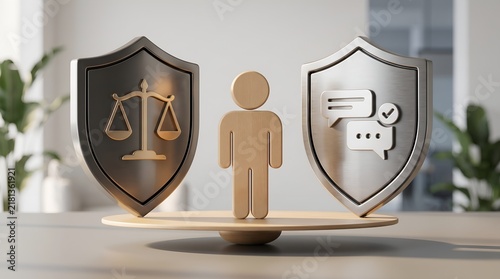 Wooden Figure Balanced Between Protective Shields with Legal Scales and Communication Symbols