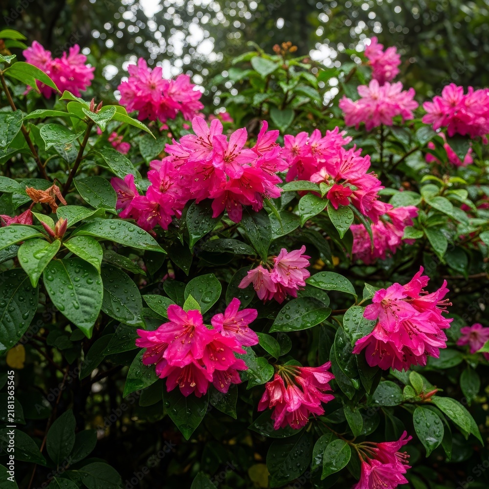 Fototapeta premium Vibrant Pink Rhododendron Blooms in Lush Green Garden Setting.