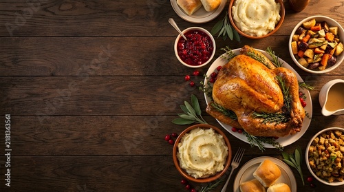 Roasted turkey dinner with traditional side dishes on a rustic dark wooden table background top view
