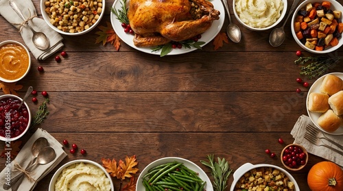 Top view of traditional thanksgiving dinner table with roasted turkey and various holiday side dishes