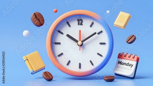 3D Render of an Analog Clock with Coffee Beans, Notebooks, and a Monday Calendar on Blue Background