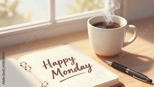 Notebook with Happy Monday text, coffee cup, and pen on wooden table by window