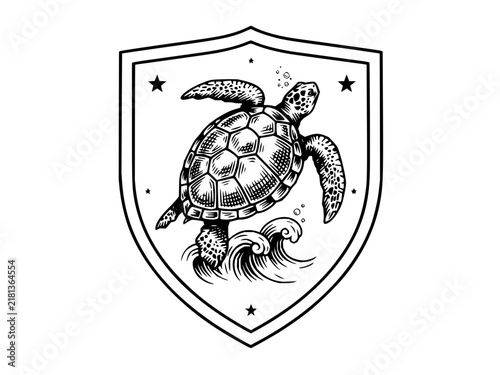 Black and white vector illustration of a sea turtle swimming in ocean waves inside a decorative shield crest