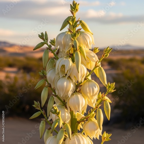 Yucca flower in full bloom against a desert landscape at sunset.