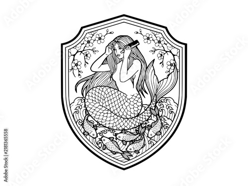 Detailed line art of a mermaid combing her hair surrounded by koi fish and cherry blossoms in a shield