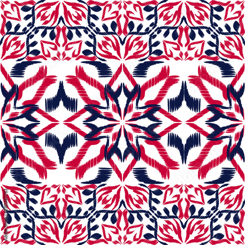 Foto Seamless red and navy blue ikat border pattern on white background