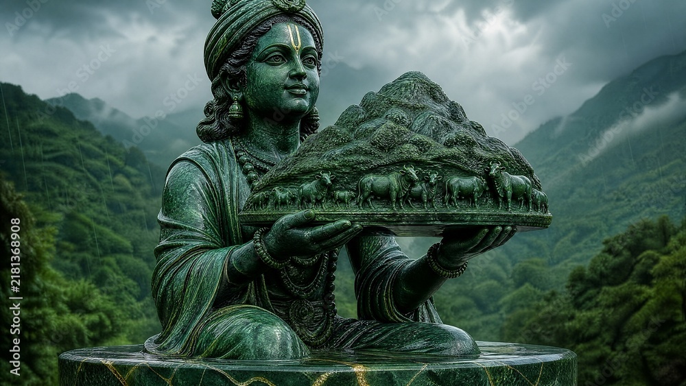 Fototapeta premium Forest Green Marble Bust of Hindu Devotee With Miniature Govardhan Mountain