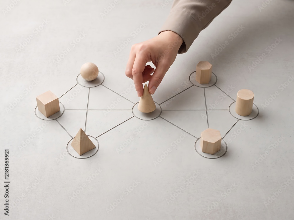 Obraz premium Hand Placing Wooden Geometric Shape on Network Diagram