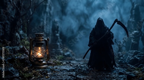 A mysterious hooded grim reaper figure holding a scythe standing in a dark foggy cemetery at night