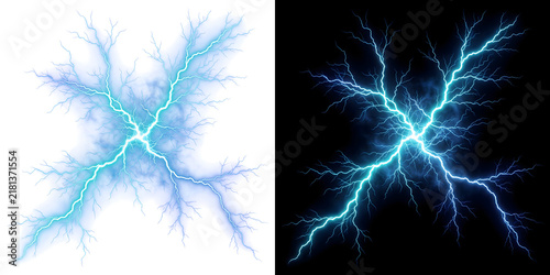 Фотография Blue electric lightning burst branches outward with crackling energy bolts on bl