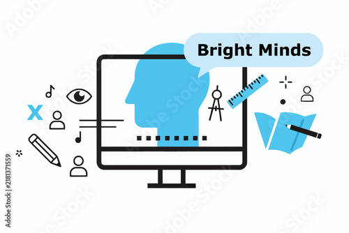 Bright Minds Online Learning Computer Screen Vector Illustration