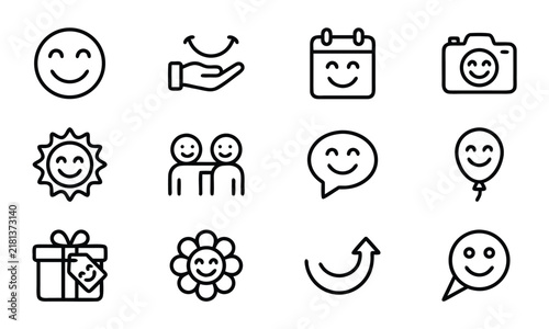 Smile Day Icon Set, Happy Face and Positive Emotion Symbols, Smiling Happiness Joy Friendship Celebration Outline Illustration Collection