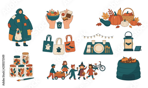 Sustainable Eco Friendly Halloween Tips Icon Set, Green Halloween Party Ideas, Reusable Costumes Decorations and Zero Waste Celebration Illustration