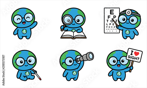 World Sight Day Cute Eye Care Mascot Illustration Set, Vision Health Awareness Optometry Eye Examination Cartoon Vector