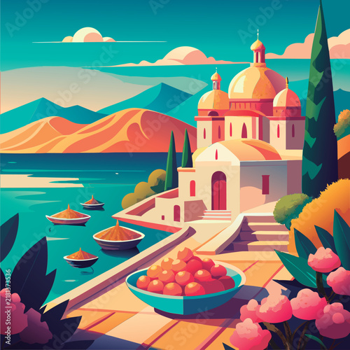 Vector illustration of a Coastal Mediterranean church scene.