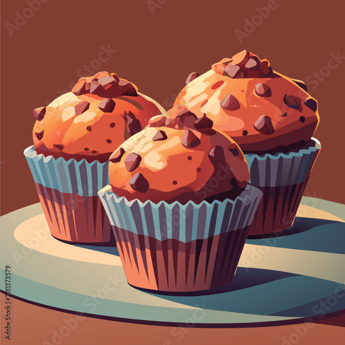 Three delicious chocolate chip muffins.